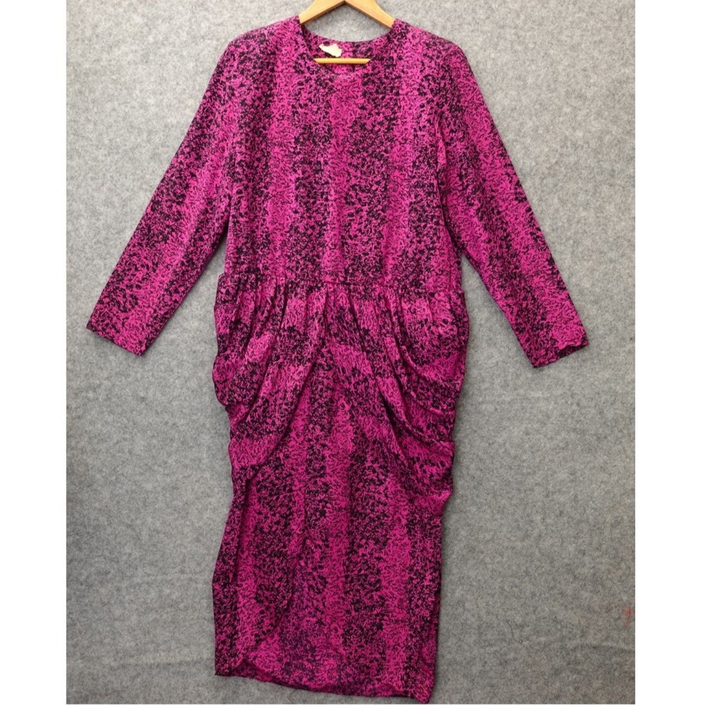 Vintage 80s Draped Midi Dress Womens L‎ Pink Black Ruched Magenta Shoulder Pads